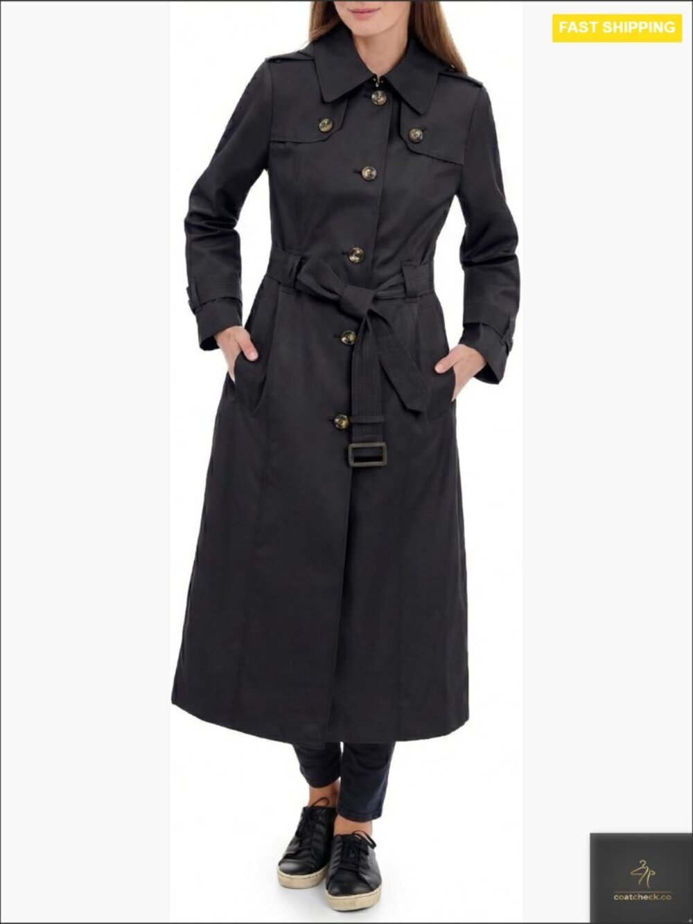 Classic Long Trench Coat Single Breasted Epaulettes Belt Water Resistant Chic